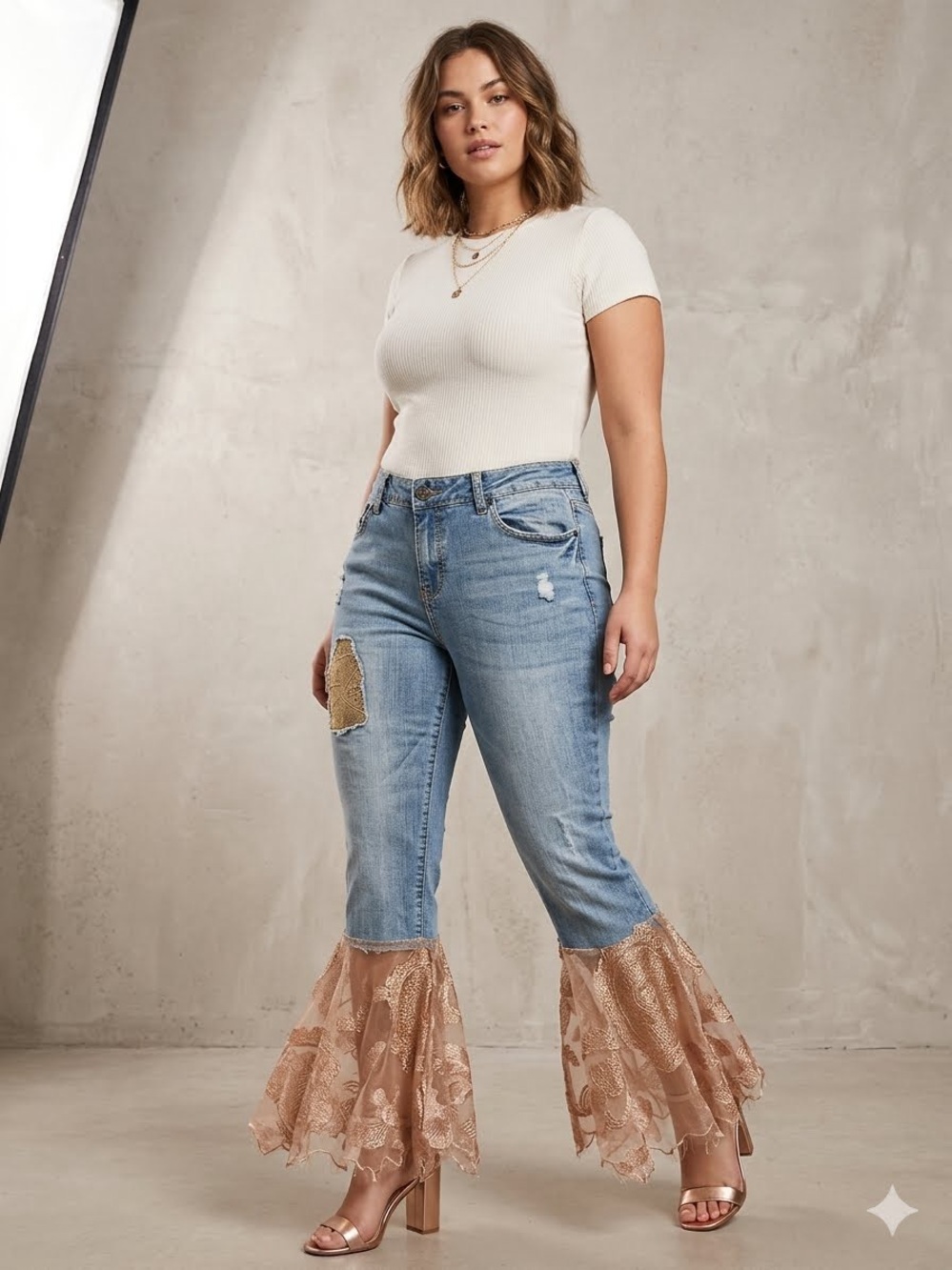 Rue21 Light Blue Denim Flare Jeans with Taupe Lace Ruffles
